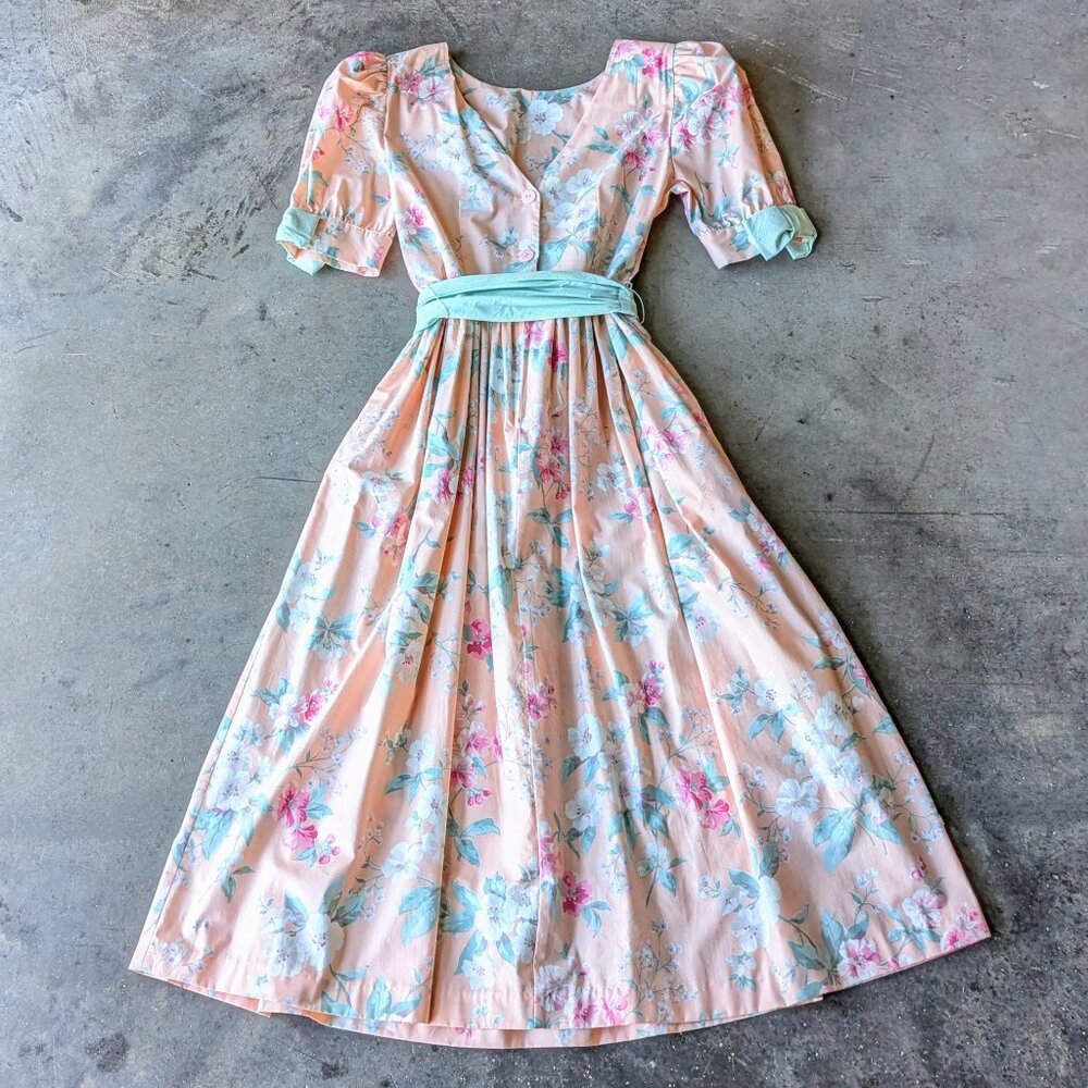 Vintage Clues Collections Pastel Orange Floral Puff Sleeve Midi Dress size 8 - Picture 13 of 13